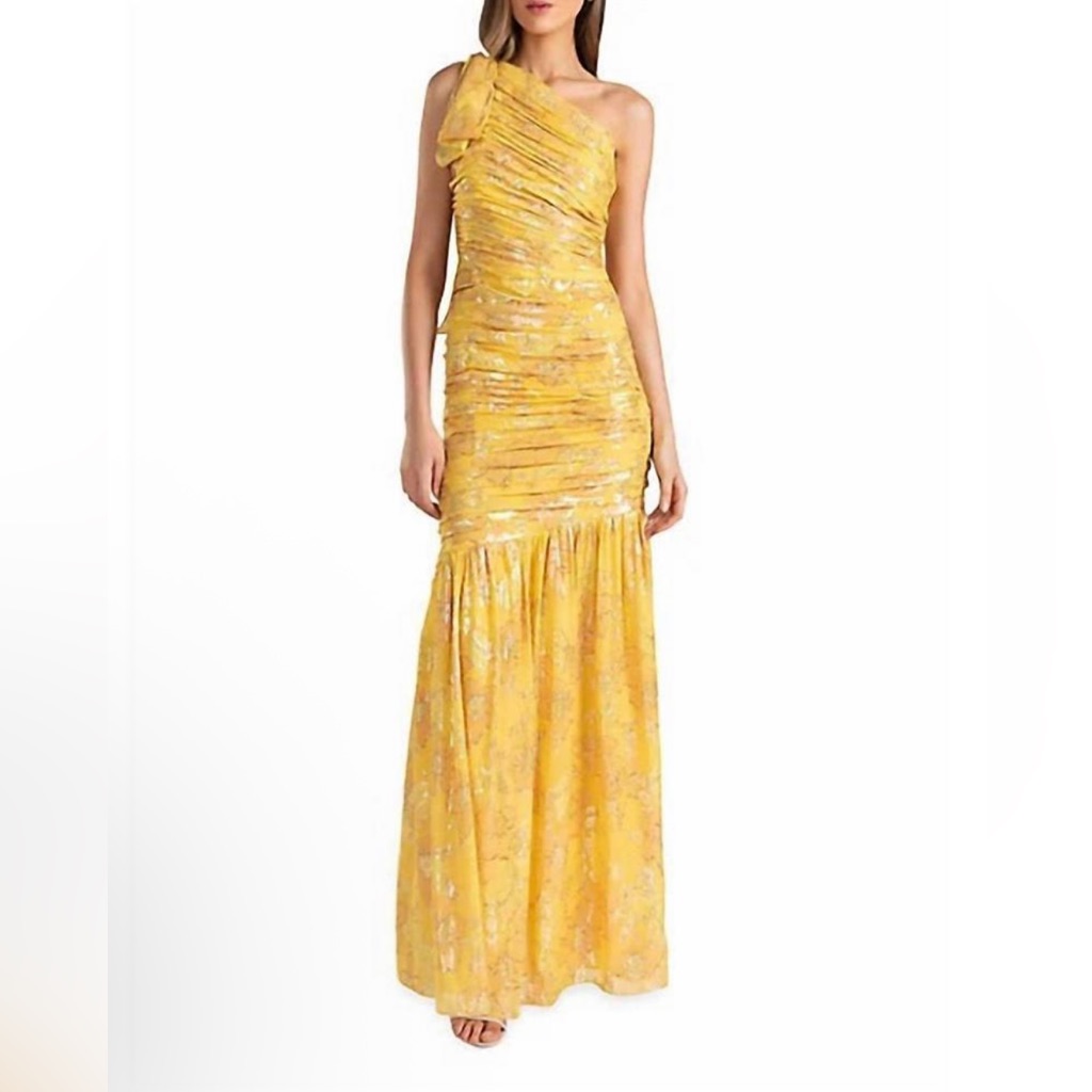 Sia Sunrise Ruched Floral Jacquard Gown In Lemongold
